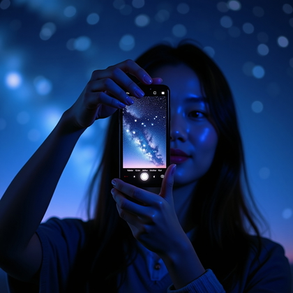 Photorealistic smartphone selfie photo inside a dark planetarium under a panoramic starfield projection, face framed cleanly against arcs of the Milky Way as cool indigo light washes the scene while a subtle fill from the phone screen adds gentle, flattering glow.