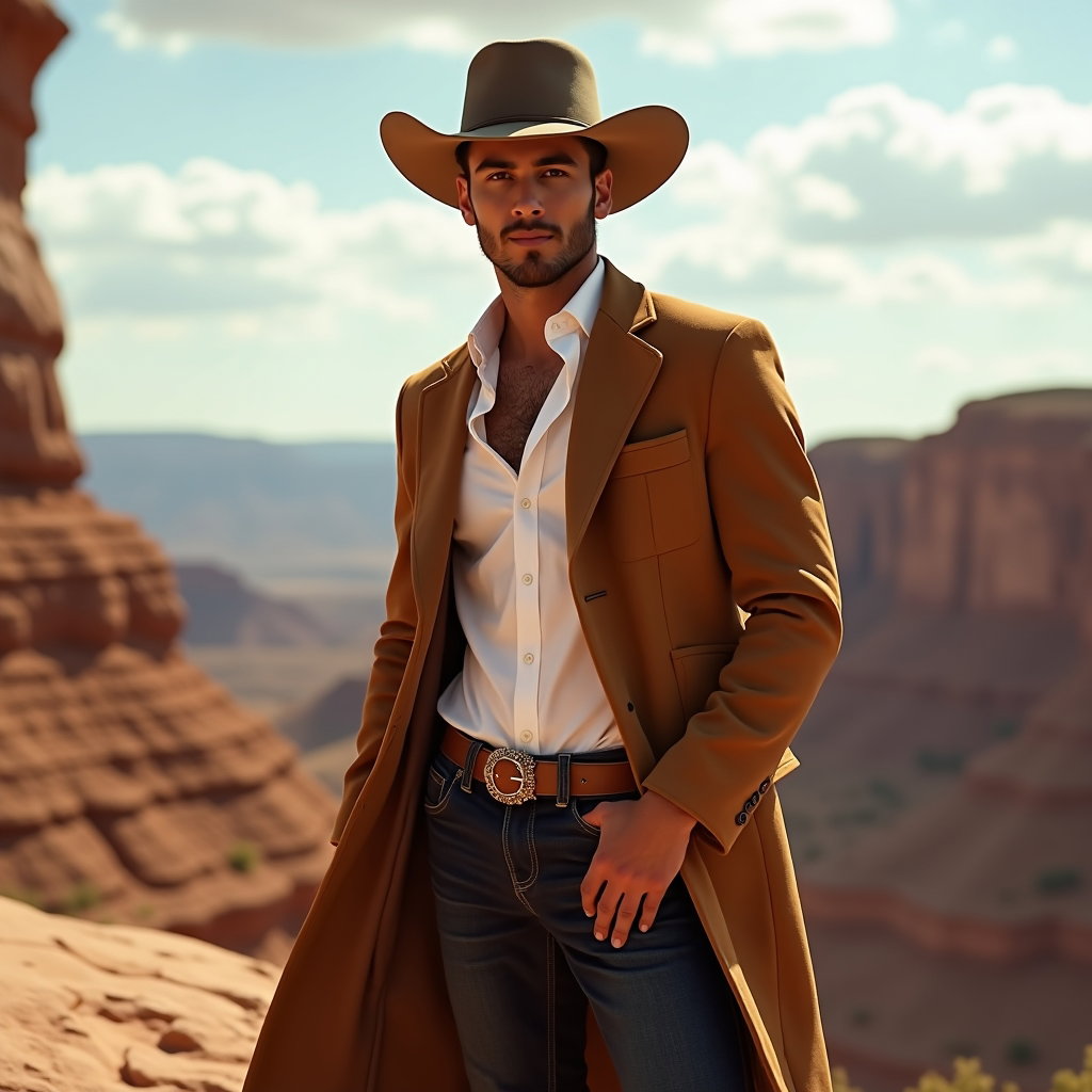 AI-generated photo: Fashion portrait photography, a commanding hero cowboy portrait in a dramatic canyon overlook settin...