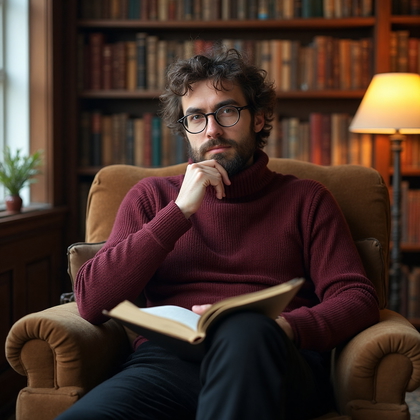 AI-generated photo: Relaxed Lifestyle Portrait photo inside a rustic library with floor-to-ceiling wooden bookshelves fi...