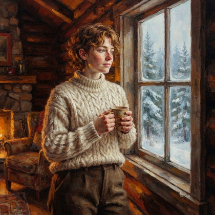 A single subject stands beside the window of a mountain cabin, holding a steaming ceramic mug with both hands. A chunky cable-knit sweater and wool trousers suit the snow-covered pines outside. Cool window light meets a warm fireplace glow; relaxed chest-up composition, textured oil-painting style.