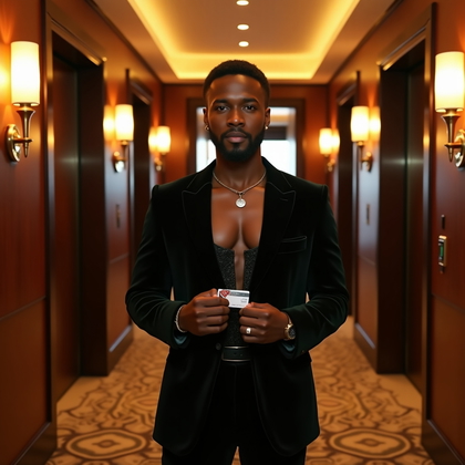 Photorealistic nightlife portrait photo in a luxury hotel corridor with patterned carpet, glossy wood paneling, and warm brass sconces creating deep perspective bokeh down the hall. Center the subject in front of closed elevator doors, shoulders square to camera and posture tall, wearing a velvet blazer over an elegant evening top with tailored trousers and a slim belt for refined, modern glamour. The subject holds a key card between fingertips at chest height as a flirty detail, maintaining clear eye contact with an alluring, self-assured expression. Golden ambient light blooms softly on the walls while a discreet cooler rim from a doorway behind adds a cinematic edge separation.