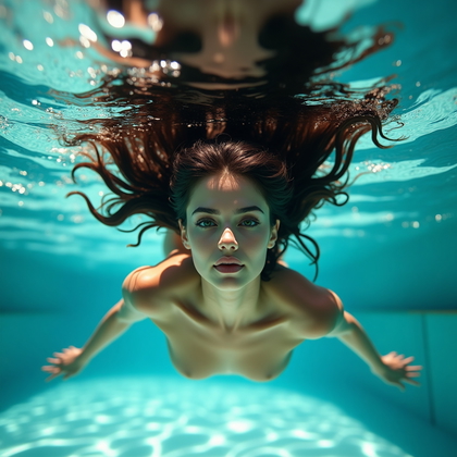 AI-generated photo: Photorealistic underwater portrait photography. The subject is floating on their back just beneath t...