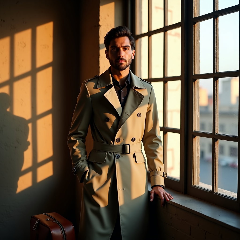 AI-generated photo: Photorealistic fashion portrait photograph in an industrial loft, using a large grid window frame go...
