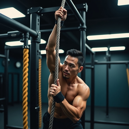 AI-generated photo: Photorealistic fitness photography of a rope climb inside a modern training rig, captured mid-reach ...