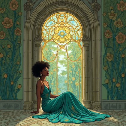 AI-generated photo: Art Nouveau illustration. Picture a serene scene inside a grand, sweeping archway adorned with intri...