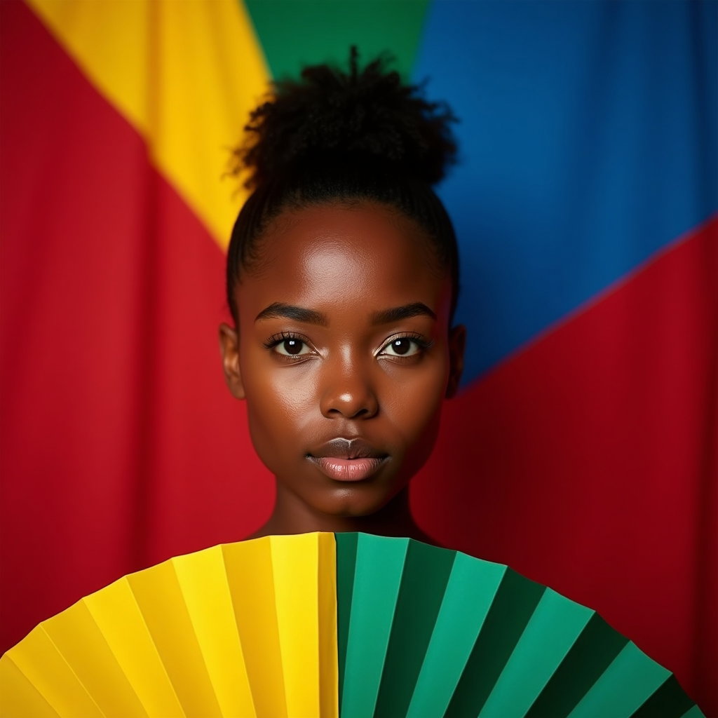 Flag-Draped National Pride Portraits example: Photorealistic creative portrait photography. An unexpected studio portrait uses projected national flag colors across t