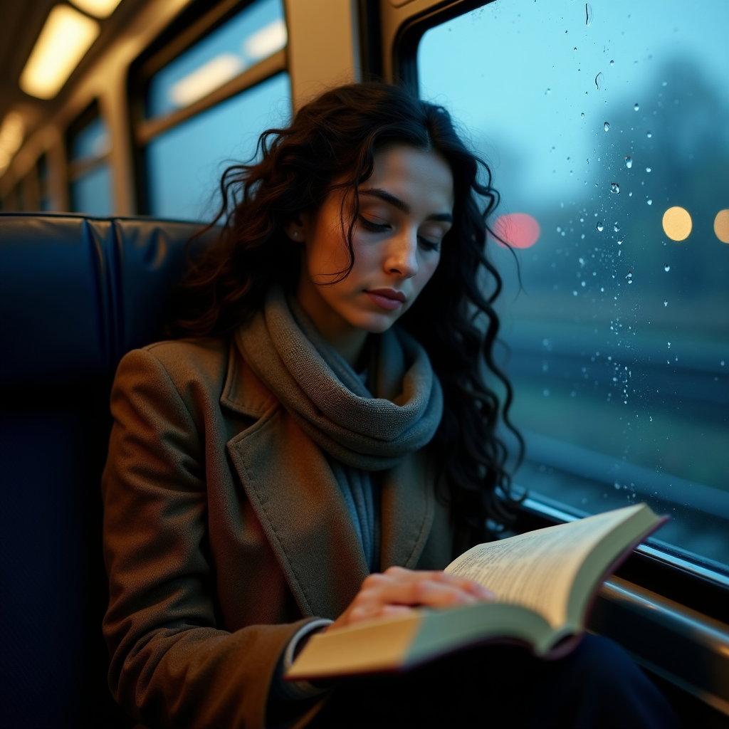 Train Window Study: Soft close-up travel portrait of one person seated by a train window at blue hour, face partially lit by passing station lamps reflected in…