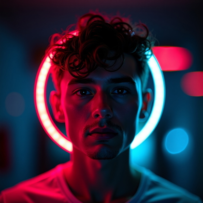 AI-generated photo: Photorealistic neon gel portrait photography. Tight head-and-shoulders shot in a dark room with a si...
