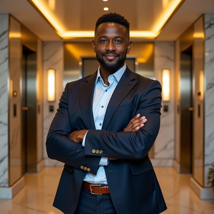 Professional headshot photo in an upscale elevator lobby with marble walls and brushed brass inlays, geometric downlights carving crisp highlights across architectural lines; subject stands three-quarter to camera with shoulders squared, arms relaxed, face fully visible with an assured, approachable expression; tailored business attire with subtle texture; controlled Rembrandt key with silver bounce fill and a gentle rim from wall sconces; tight head-and-chest crop centered with a sliver of negative space for copy, hyper-realistic detail and polished corporate color grading.