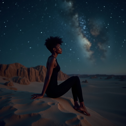 AI-generated photo: Photorealistic night-time desert cliff portrait emphasizing minimalism and sensual confidence. The s...