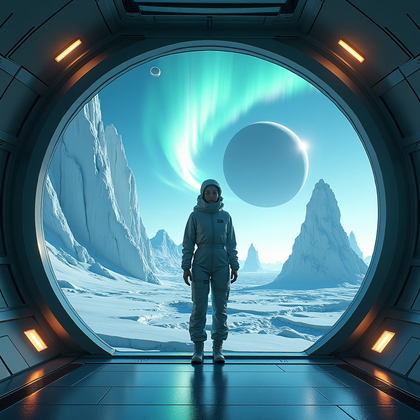 AI-generated photo: Photorealistic cinematic space photography. The solitary explorer stands inside a transparent observ...