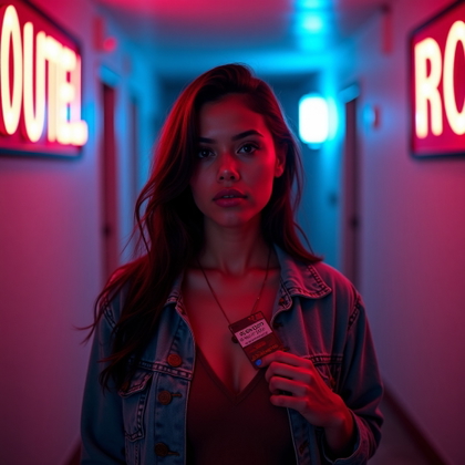 Neon Motel Hallway Survivor Portrait example: Cinematic horror portrait photo. Tight close-up in a neon motel hallway, the subject facing forward with a tense survivo