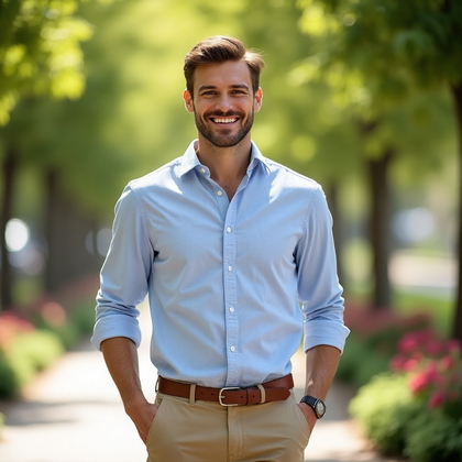 AI-generated photo: Charming Smile Portrait featuring a man dressed in a light, breathable cotton shirt in pastel blue w...