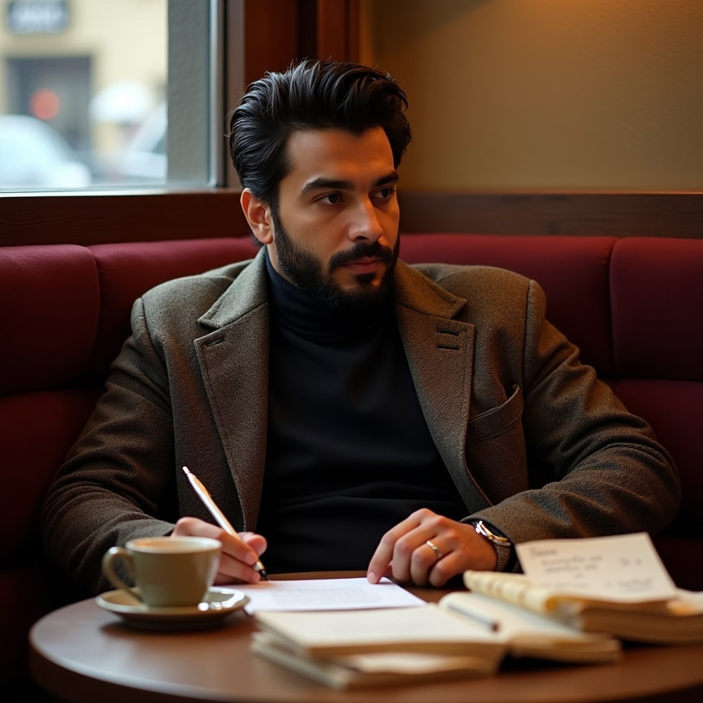 Coffee-and-Notes Corner: Relaxed corner-banquette portrait of one visible person wearing a dark turtleneck beneath a worn tweed jacket, reclining slightly with one…
