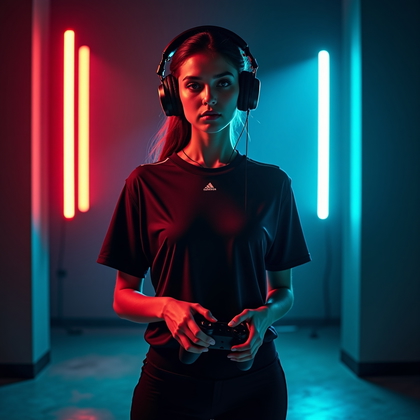 AI-generated photo: Photorealistic gaming portrait photography. The subject stands in a dim, stylized studio environment...