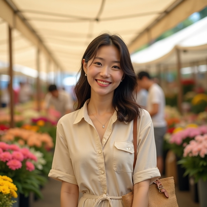 Photorealistic dating profile photo: Open-air flower market beneath cream canvas canopies, face framed by lush bouquets at shoulder height as the subject stands three-quarters to camera with a relaxed half-smile, wearing a lightweight linen shirt or breezy sundress in soft neutrals with subtle jewelry and a small woven tote at the side, creamy background blur melting rows of blossoms into pastel fields while diffused daylight wraps the face with crisp catchlights and a rule-of-thirds composition using gentle foreground petals for depth.