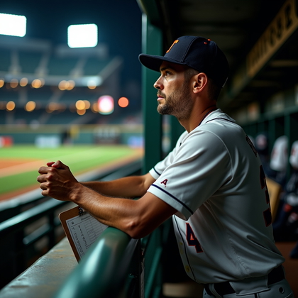 AI-generated photo: Photorealistic sports editorial photo: night-game dugout portrait with the subject gripping the padd...