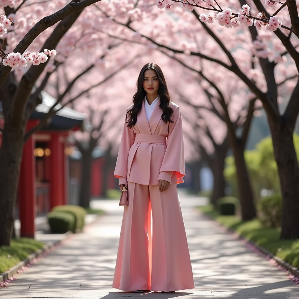 AI-generated photo: Fashion editorial photography, a solo subject standing under arching sakura branches in an urban-mee...
