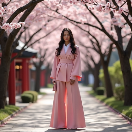 AI-generated photo: Fashion editorial photography, a solo subject standing under arching sakura branches in an urban-mee...