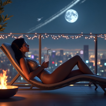AI-generated photo: Photorealistic intimate rooftop lounge portrait. A person reclines on a modern outdoor lounge chair ...