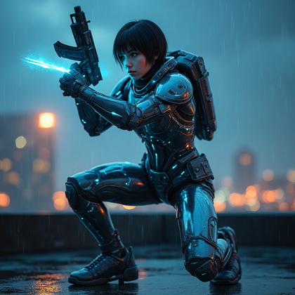 AI-generated photo: Cosplay dynamic action photo of a futuristic sci-fi soldier in a sleek, armored exosuit, with a glos...