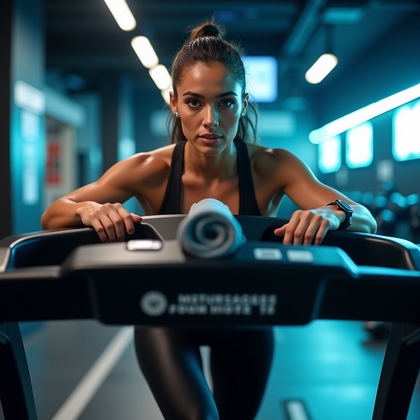 AI-generated photo: Photorealistic fitness photography with an editorial, high-energy look showing the treadmill lean-in...