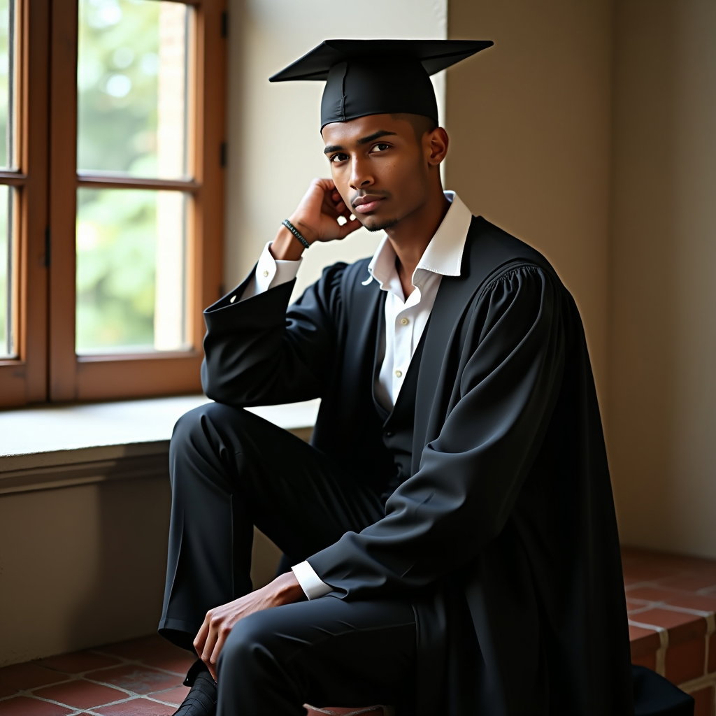 AI-generated photo: Editorial graduation photography, a seated portrait composed beside a classic university window seat...