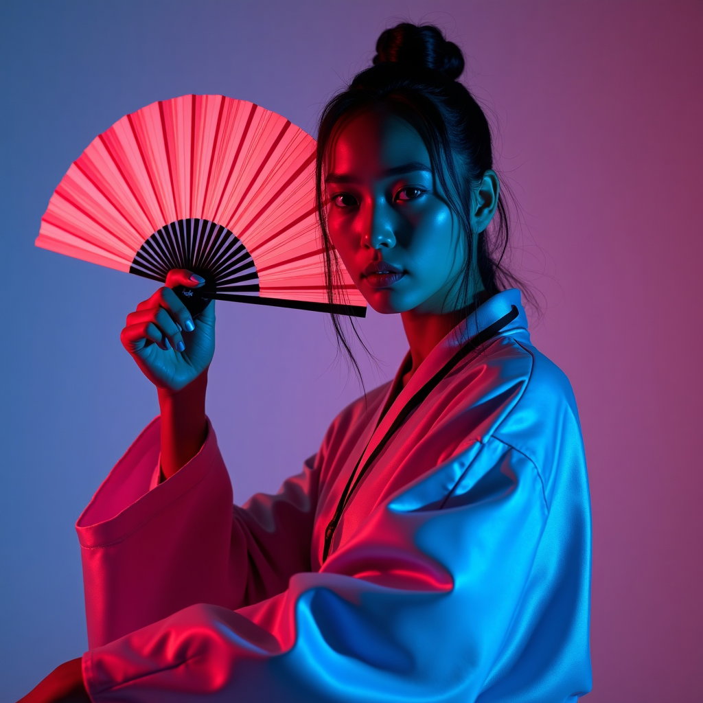 Hanbok-Inspired Demon Hunter Portrait example: Cinematic K-pop fantasy portrait photo. Half-body portrait in a matte dance rehearsal studio, posed with an open demon-s