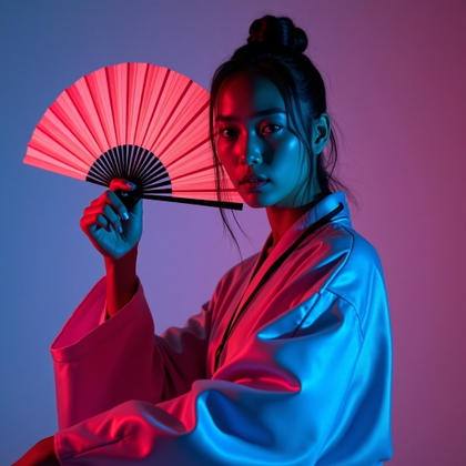 Hanbok-Inspired Demon Hunter Portrait example: Cinematic K-pop fantasy portrait photo. Half-body portrait in a matte dance rehearsal studio, posed with an open demon-s