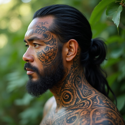 AI-generated photo: Photorealistic photography featuring a man with a traditional Maori-style tattoo on his face and nec...
