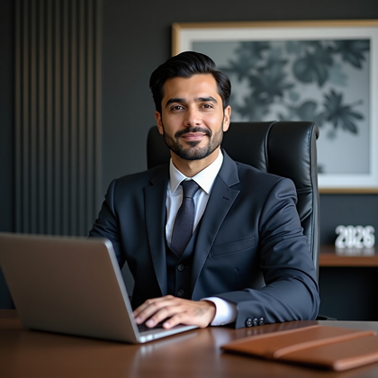 AI-generated photo: Professional headshot: seated in a high-backed executive chair at the head of a modern boardroom tab...