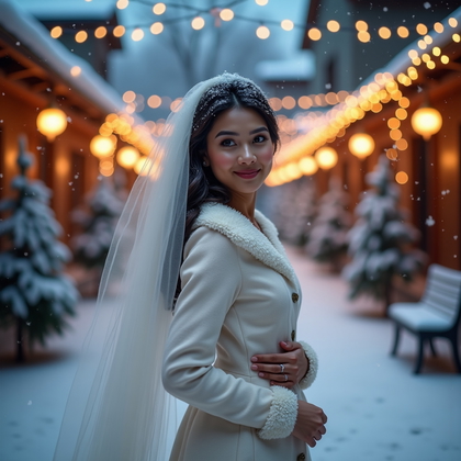 AI-generated photo: Photorealistic wedding photography set in a snow-dusted courtyard at twilight, where clusters of war...
