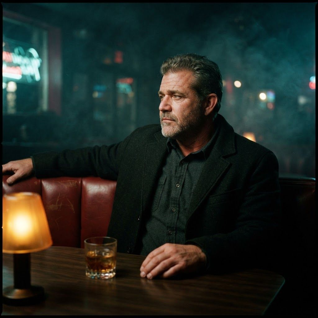Smoky Bar Booth: Neo-noir color portrait in a red leather bar booth, composed from the aisle at a three-quarter angle.