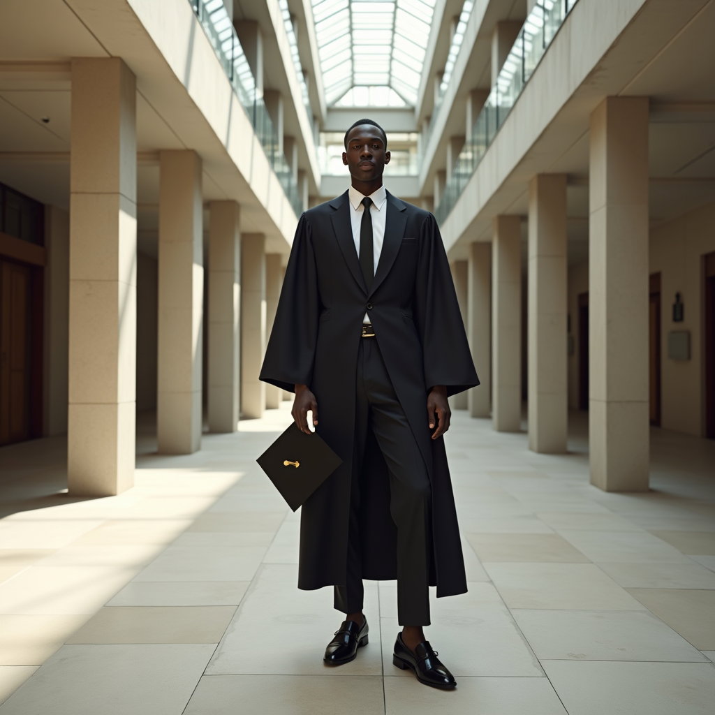 AI-generated photo: Fashion editorial photography, a full-body graduation portrait created in a stylish indoor atrium wi...