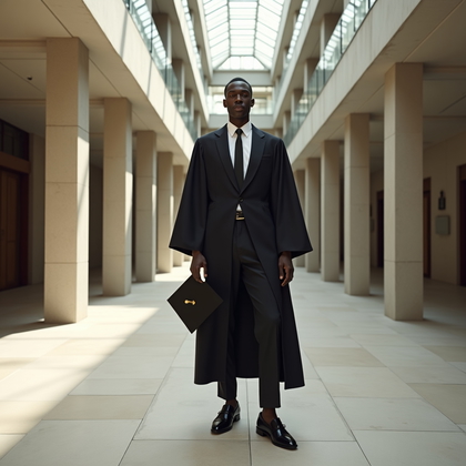 AI-generated photo: Fashion editorial photography, a full-body graduation portrait created in a stylish indoor atrium wi...