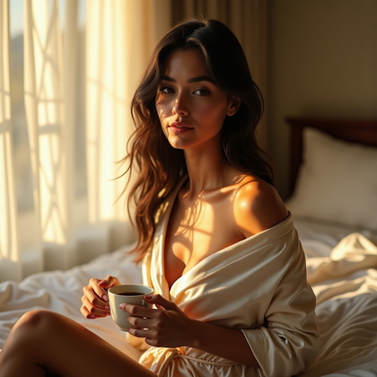 AI-generated photo: Photorealistic lifestyle portrait photograph set in a sunlit bedroom scene, where a soft-edged windo...