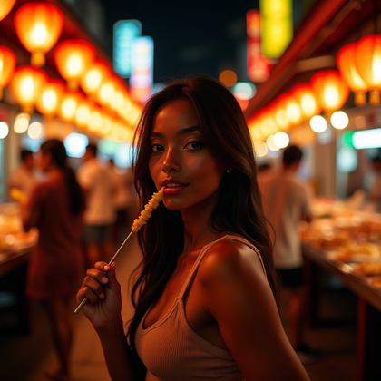 Photorealistic lifestyle portrait in a bustling night market corridor lined with glowing paper lanterns and sizzling food stalls, warm amber and crimson bokeh forming a halo around the subject. The subject leans slightly toward the camera while holding a skewer near the lips, head tilted with a playful, inviting expression, sleek streetwear catching the lantern glow and face clearly framed.