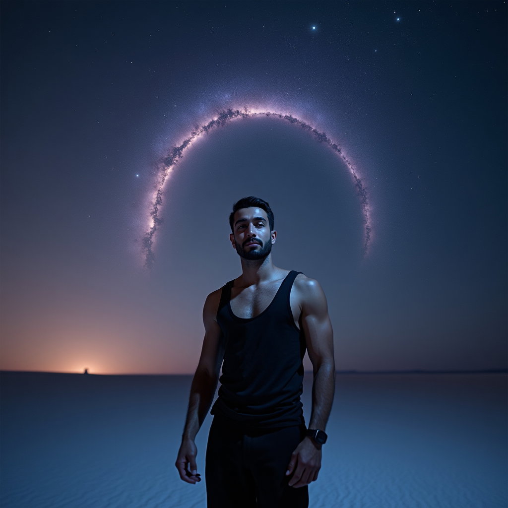 AI-generated photo: Photorealistic astro portrait photograph, full-body standing pose on a desert salt flat at night, wi...