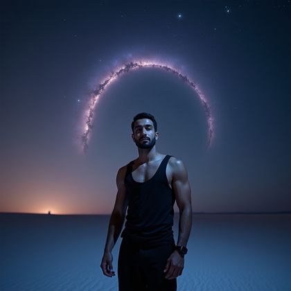 AI-generated photo: Photorealistic astro portrait photograph, full-body standing pose on a desert salt flat at night, wi...
