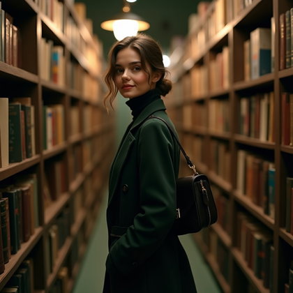 Vintage Bookshop Aisle Portrait With a Secretive Smile example: Photorealistic motion portrait photography. Walking slowly down a narrow bookshop aisle while turning back toward the vi