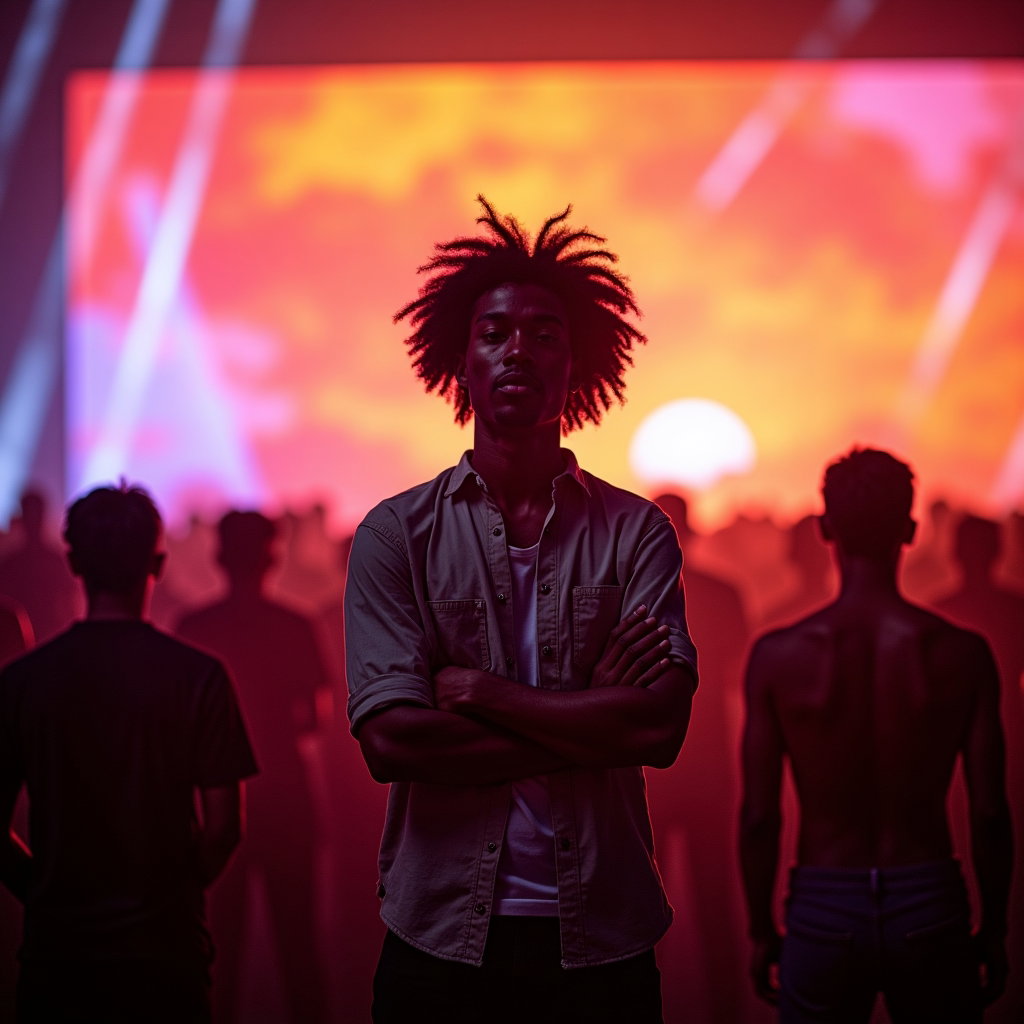 Front-Row Stage Glow Portrait example: Photorealistic festival portrait photography. Unexpected creative variation: front-row projection-mapped portrait during