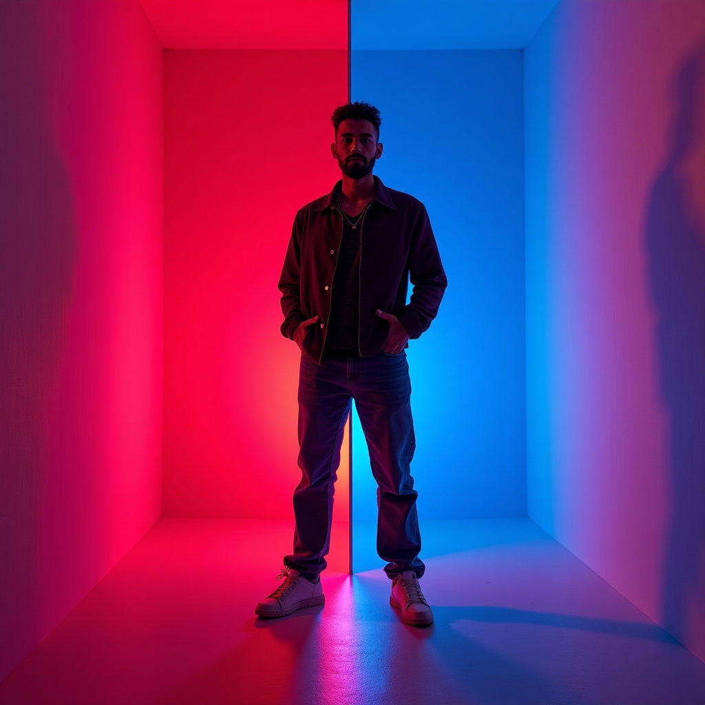 AI-generated photo: Photorealistic studio portrait photograph. The subject stands centered but slightly closer to one si...