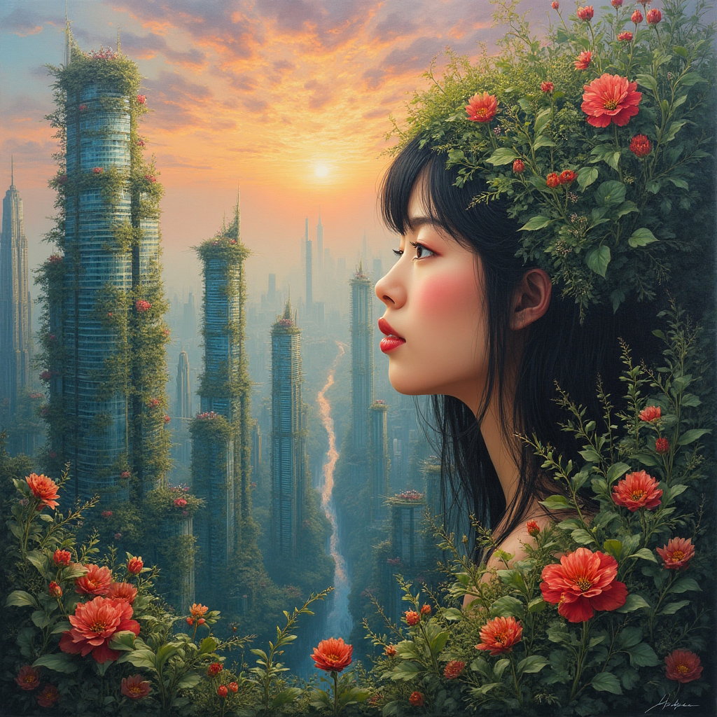 AI-generated photo: Surrealist oil painting capturing a magical cityscape where skyscrapers grow organically from enormo...