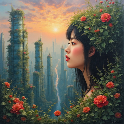 AI-generated photo: Surrealist oil painting capturing a magical cityscape where skyscrapers grow organically from enormo...