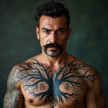 AI-generated photo: Photorealistic photography of a man showcasing a striking Norse mythology tattoo on his chest, featu...