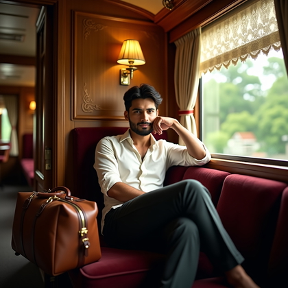 Photorealistic cinematic portrait inside a vintage first-class train compartment with polished wood veneer, etched glass panels, and a brass luggage rack overhead, the subject seated by the window with one ankle crossed over the other and an elegant weekender bag resting open beside them. Soft daylight filters through lace curtains to create a gentle key on the face while a warm reading lamp adds a cozy side glow, and passing trees cast fleeting, striped patterns across the interior for a sense of motion. The pose is relaxed and subtly seductive: elbow on the armrest, chin poised lightly on knuckles, eyes meeting the lens with an inviting, knowing look. The color scheme blends deep burgundy upholstery, honey-toned wood, and creamy highlights, with cool greens from the blurred landscape outside providing balanced contrast. Composition centers the subject in a three-quarter crop with the corridor door ajar behind to hint at narrative depth, while reflections in the varnished paneling add elegant echo lines around the face. The overall mood suggests refined travel romance and confident allure, rendered with crisp detail, soft falloff, and a touch of atmospheric haze for timeless sophistication.