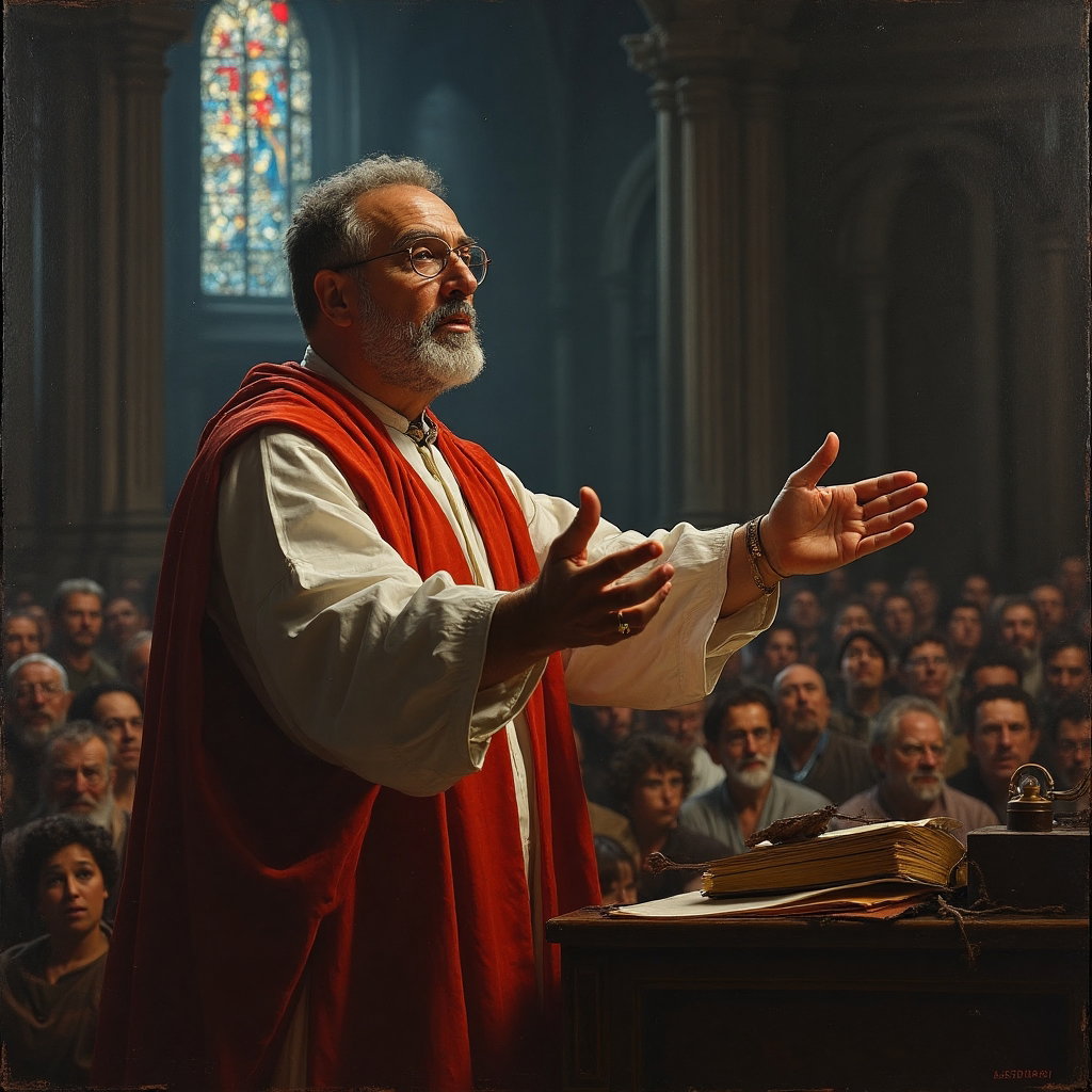AI-generated photo: Baroque oil painting. A dramatic religious tableau unfolds in a dimly lit chapel, where a charismati...