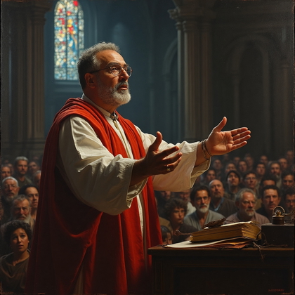 AI-generated photo: Baroque oil painting. A dramatic religious tableau unfolds in a dimly lit chapel, where a charismati...