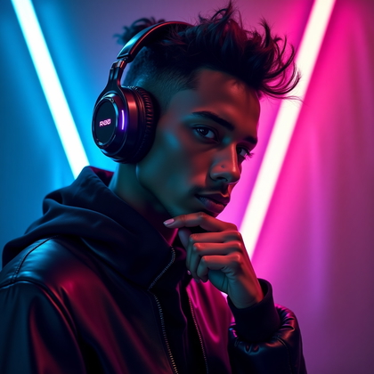 AI-generated photo: Photorealistic cyberpunk-inspired portrait photography. Three-quarter bust shot in a dark studio wit...