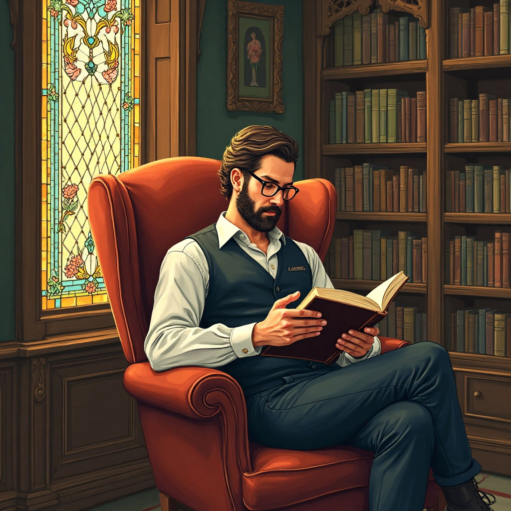 AI-generated photo: Art Nouveau illustration. Illustrate a cozy library scene, with a man seated in a plush armchair, en...